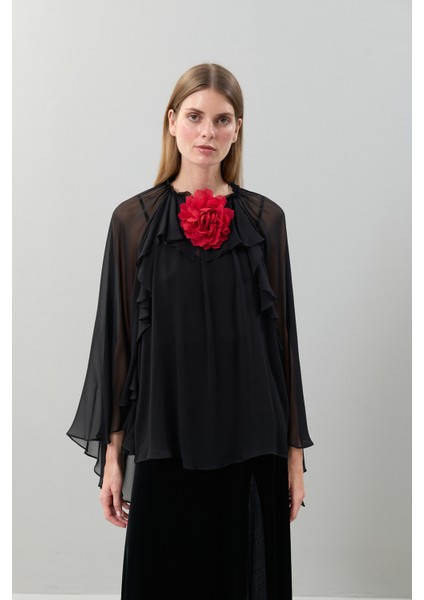 Çiçek Aksesuarlı Dokuma Bluz Siyah K2513032_001