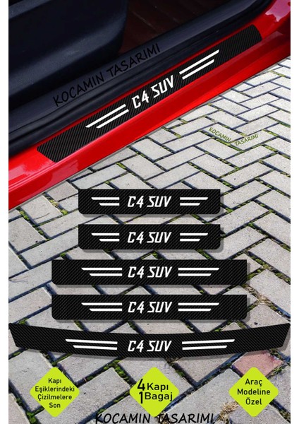 Citroen C4 Suv Karbon Kapı Eşiği ve Bagaj Koruyucu Set Çizilmeye Dayanıklı Sticker Folyo C4 Suv Yazılı