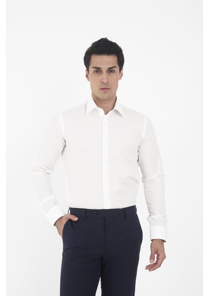 Krem Kravat Yaka Slim Fit Gömlek