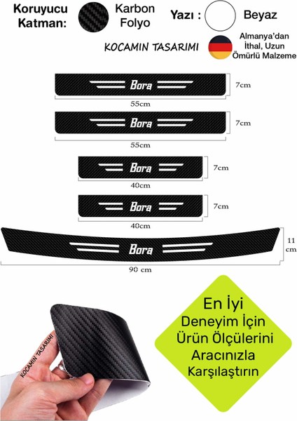 Volkswagen Bora Araç Kapı ve Bagaj Eşiği Koruyucu Set Karbon Folyo Çizilme Engelleyici Bora Yazılı