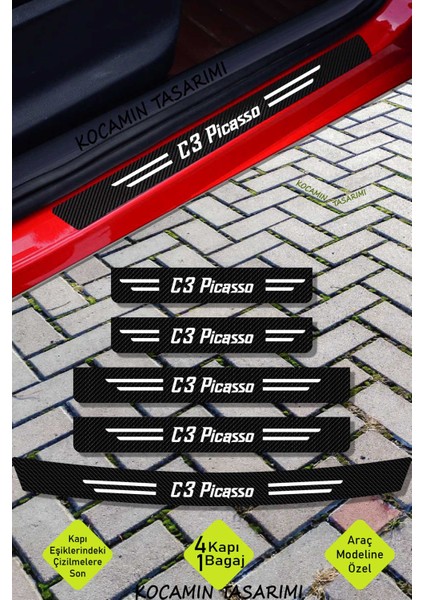Citroen C3 Picasso Karbon Kapı Eşiği ve Bagaj Koruyucu Set Çizilmeye Dayanıklı Sticker Folyo C3 Picasso Yazılı