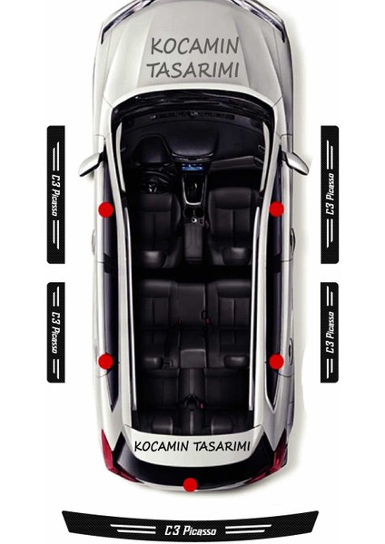Citroen C3 Picasso Karbon Kapı Eşiği ve Bagaj Koruyucu Set Çizilmeye Dayanıklı Sticker Folyo C3 Picasso Yazılı