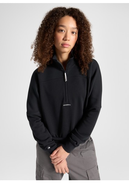 siyah kadın dik regular fit düz sweatshirt wordmark 1/2 zıp black