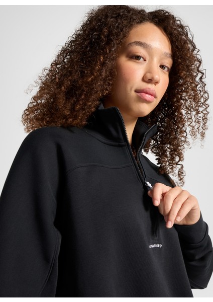 siyah kadın dik regular fit düz sweatshirt wordmark 1/2 zıp black