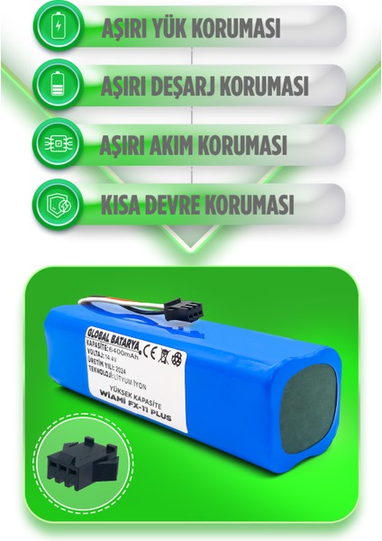 Global Batarya Wiami Fx-11 Plus Akıllı Robot Süpürge Bataryası 14.4v 6400mAh Li-ion Pil (Yüksek Kapasite)