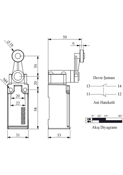 L51K13MEM121 Acısal Hark.18 mm Metal Mak.döner Kol fiyatları