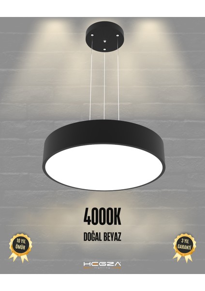 Drum 40cm (Siyah Kasa, Doğal Beyaz) Ledli Modern LED Avize, Salon, Mutfak, Oturma Yatak Odası, Sarkıt
