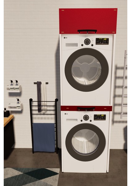 Mdf Dicle Kırmızı Çamaşır Makinesi ve Kurutma Makinesi Dolabı