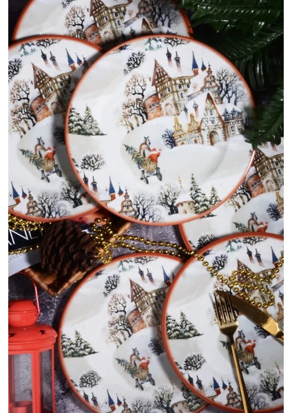 Yılbaşı Desen Özel Tasarım 6'lı Snowy House Dijital Baskı Servis Tabağı 26 cm