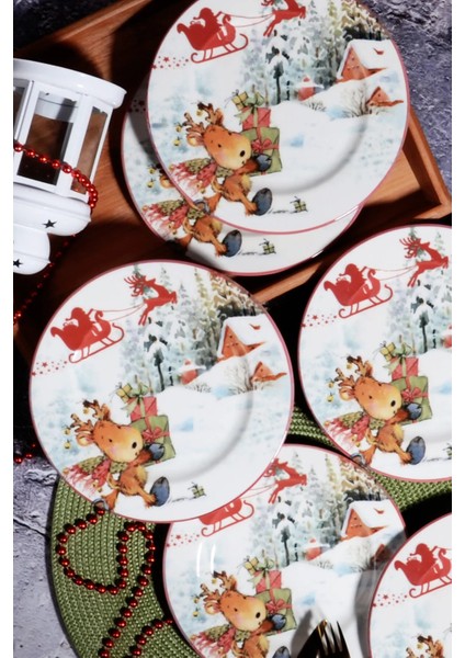 Yılbaşı Desen Özel Tasarım 6'lı Sled Gift Dijital Baskı Pasta Tabağı 20 cm