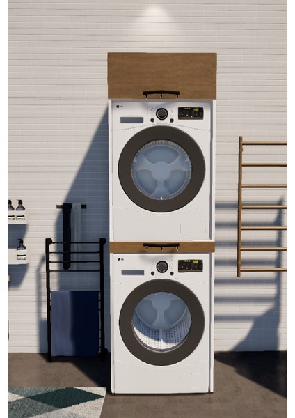 Mdf (Safir Meşe) Dicle Beyaz Çamaşır Makinası ve Kurutma Makinası Dolabı