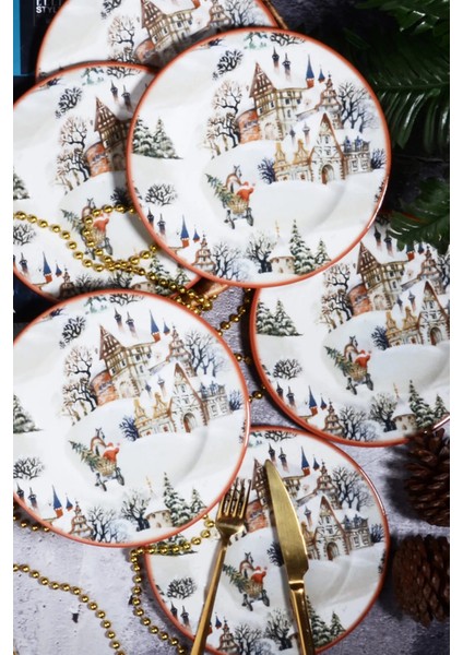 Yılbaşı Desen Özel Tasarım 6'lı Snowy House Dijital Baskı Pasta Tabağı 20 cm