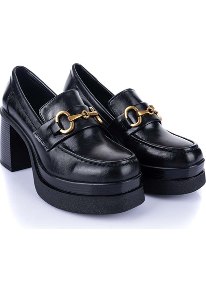 Janset Kadın Siyah Topuklu Loafer Ayakkabı