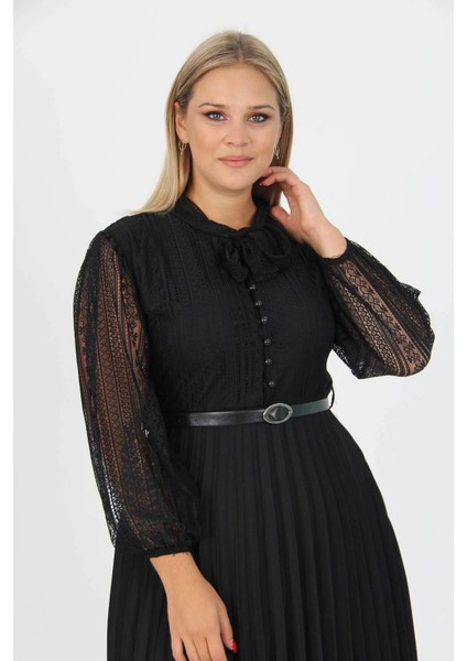 Dipmoda kadın piliseli dantel elbise APCX28 - Siyah