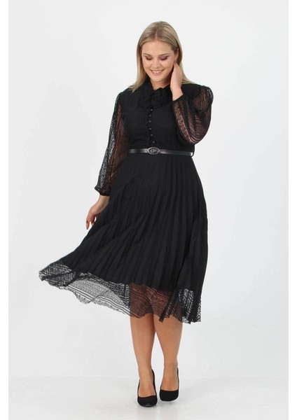 Dipmoda kadın piliseli dantel elbise APCX28 - Siyah fiyatları