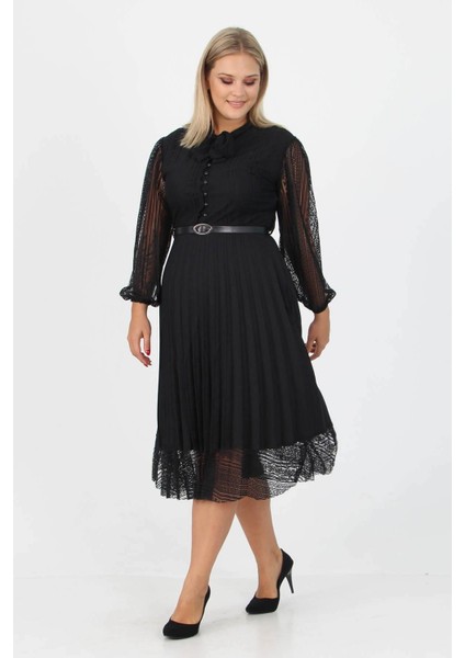 Dipmoda kadın piliseli dantel elbise APCX28 - Siyah modelleri
