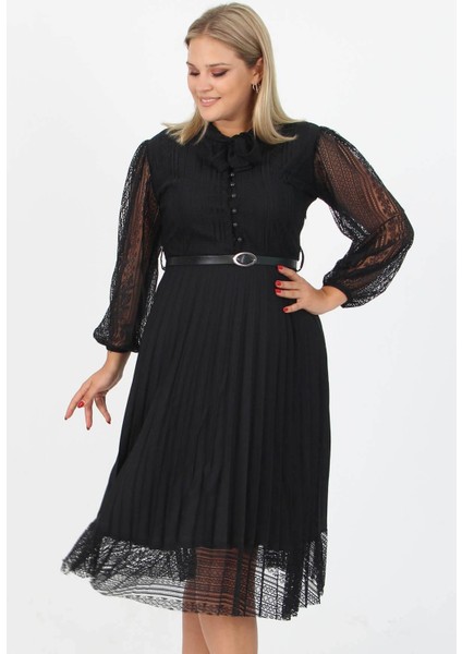 Dipmoda kadın piliseli dantel elbise APCX28 - Siyah fırsatları