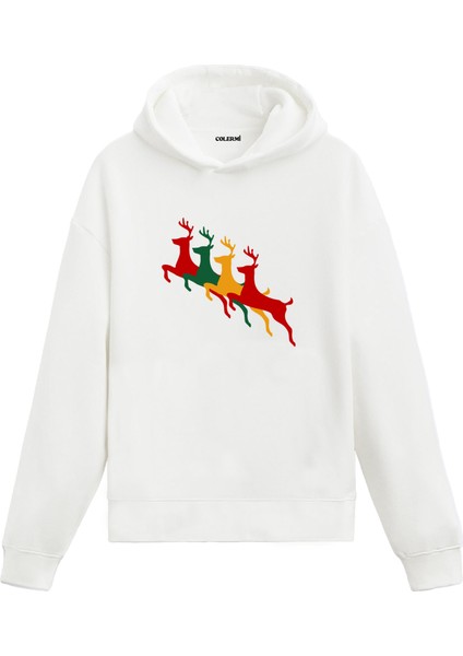Renkli Ren Geyikleri Yılbaşı Hediyesi Yeni Yıl Temalı Tasarım Hoodie Kapşonlu Sweatshirt