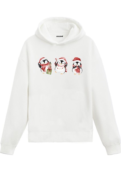 Noel Penguenleri Yılbaşı Hediyesi Yeni Yıl Temalı Tasarım Hoodie Noel Hediyesi Kapşonlu Sweatshirt