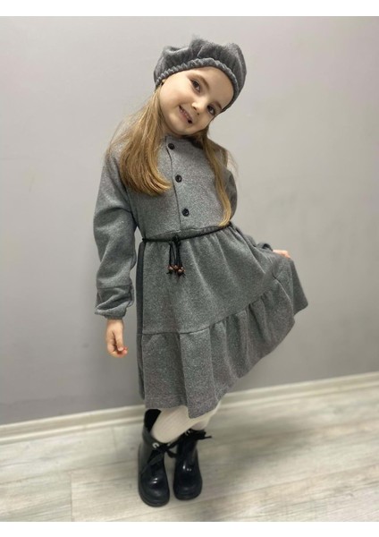 Kaşe Kumaş Şapkalı Kız Çocuk Elbise MNK0559