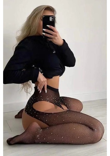Jenna Beatiful Kadın Ağı Açık Taşlı File Çorap