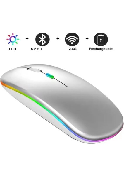 Şarjlı Kablosuz Mouse Bluetooth 2.4ghz Rgb Işıklı Sessiz Tıklama Tablet Telefon Bilgisayar Uyumlu