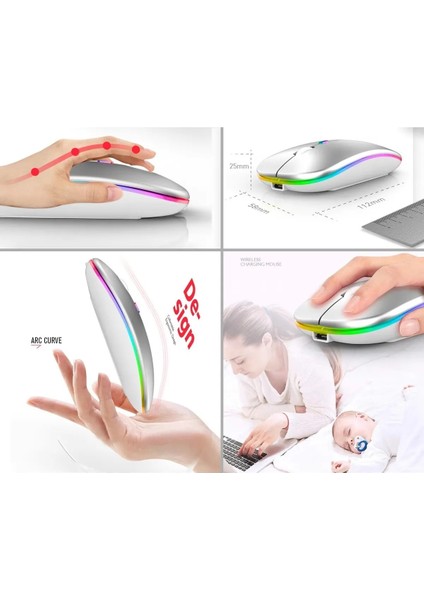 Şarjlı Kablosuz Mouse Bluetooth 2.4ghz Rgb Işıklı Sessiz Tıklama Tablet Telefon Bilgisayar Uyumlu