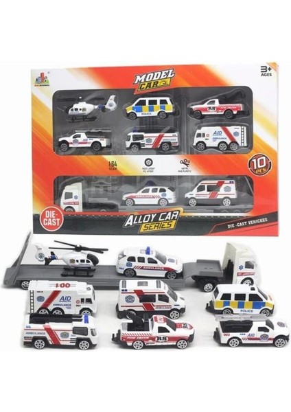 Oyuncak 1:64 8 Metal Ambulans Araçları ve Taşıyıcı Tır