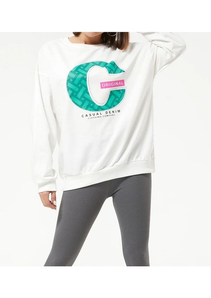 Kadın Sıfır Yaka Baskılı Oversize Sweatshirt