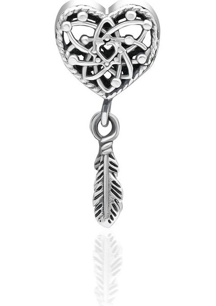 Kadın Gümüş Kalp Model Sallantılı Kuş Tüyü Charm