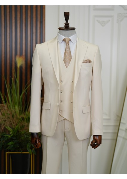 Erkek Slim Fit Italyan Stil Yelekli Takım Elbise-Bej fiyatları