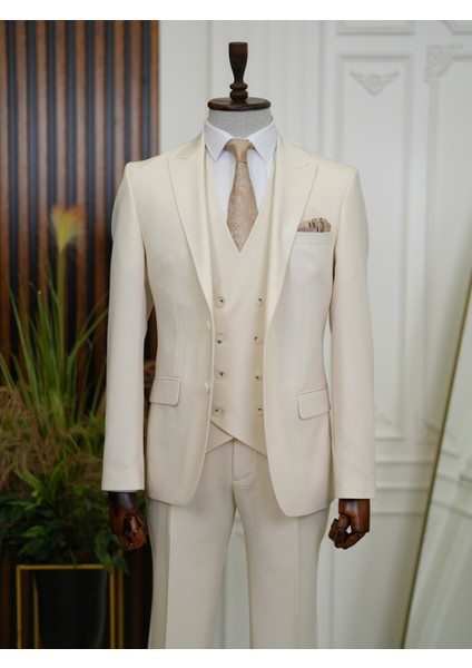 Erkek Slim Fit Italyan Stil Yelekli Takım Elbise-Bej modelleri