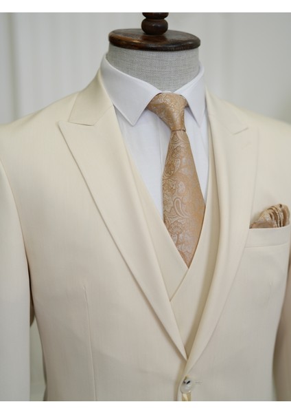 Erkek Slim Fit Italyan Stil Yelekli Takım Elbise-Bej fırsatları