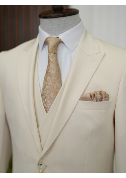 Erkek Slim Fit Italyan Stil Yelekli Takım Elbise-Bej indirimleri