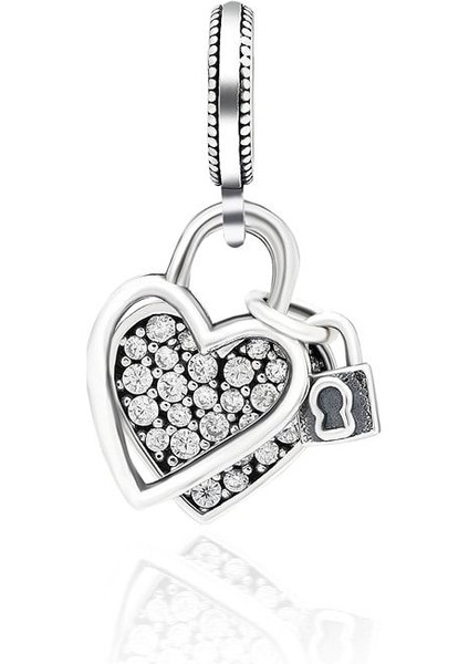 Kadın Gümüş Sallantılı Kilitli Kalp Charm