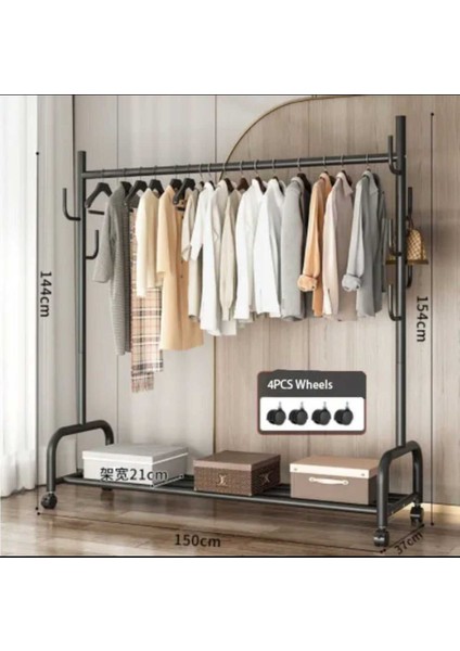 Metal Siyah Portmanto Konfeksiyon Askısı Ayaklı Askılık Elbise Askılığı Tekerlekli 154*150 cm 6014