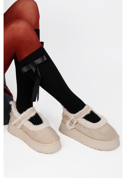 Kadın Kalın Tabanlı Içi Kürklü Peluş Babet Ayakkabı Krem