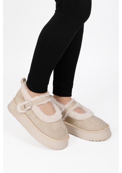 Kadın Kalın Tabanlı Içi Kürklü Peluş Babet Ayakkabı Krem fiyatları