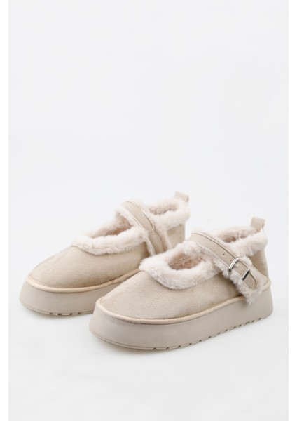 Kadın Kalın Tabanlı Içi Kürklü Peluş Babet Ayakkabı Krem modelleri