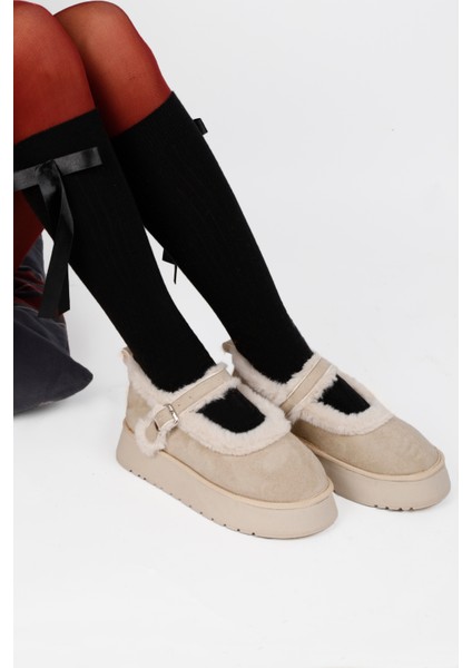 Kadın Kalın Tabanlı Içi Kürklü Peluş Babet Ayakkabı Krem fırsatları