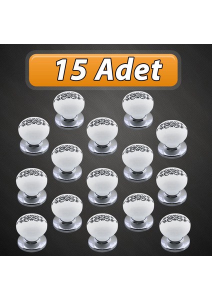 15 Adet Hanımeli Kulp Beyaz Polimer Düğme Kulp Krom Tablalı Mobilya Mutfak Dolabı Çekmece Kulbu