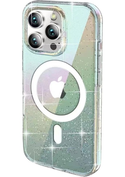 iPhone 15 Pro Kılıf Rasasi Simli Transparan Magsafeli Pc Kapak