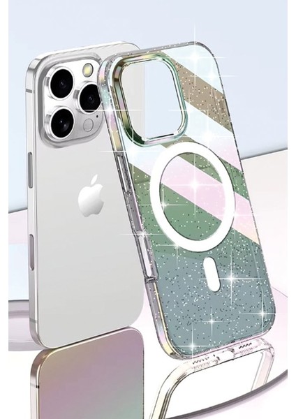 iPhone 15 Pro Max Kılıf Rasasi Simli Transparan Magsafeli Pc Kapak