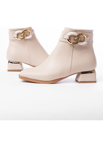 RM-504 Bej Toka Aksesuarlı Topuklu Fermuarlı Günlük Kadın Bot