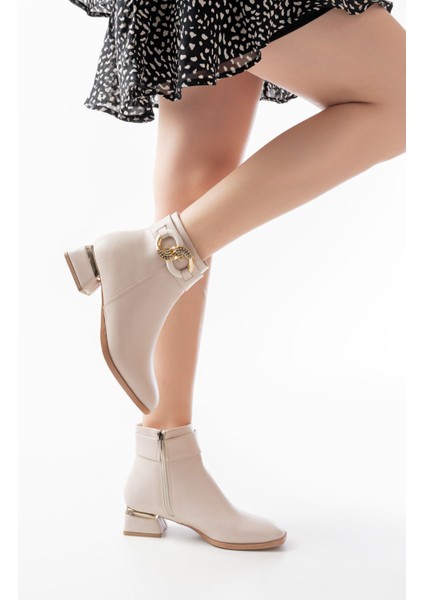 RM-504 Bej Toka Aksesuarlı Topuklu Fermuarlı Günlük Kadın Bot modelleri