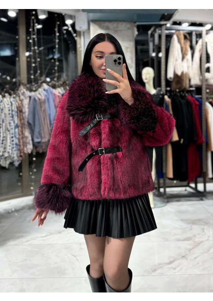 Foxy Ithal Vip Deri Kemer Detaylı Tilki Görünümlü Benekli Yaka Detaylı Kürk Siyah Fuşya