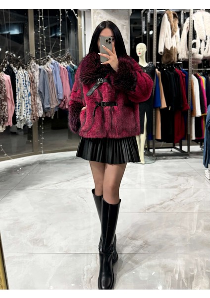 Foxy Ithal Vip Deri Kemer Detaylı Tilki Görünümlü Benekli Yaka Detaylı Kürk Siyah Fuşya fiyatları