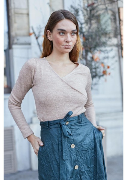 Kadın Kruvaze Uzun Kol Hafif Esnek Triko Kazak Bluz-Bej modelleri