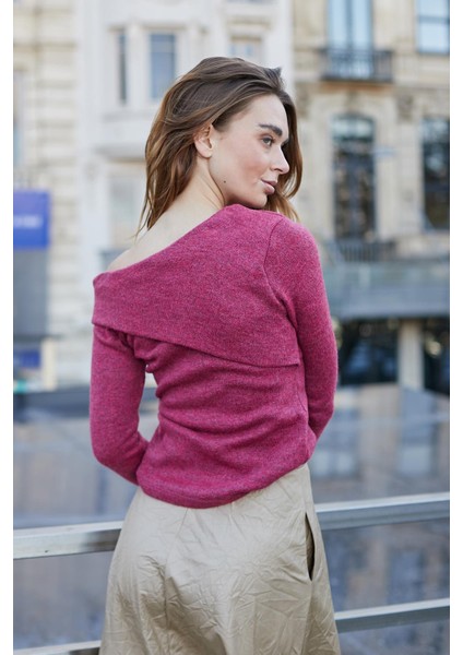 Kadın Yumuşak Dokulu Tiftik Omuzu Dekolteli Uzun Kol Hafif Esnek Triko Bluz Kazak-Vişne fırsatları