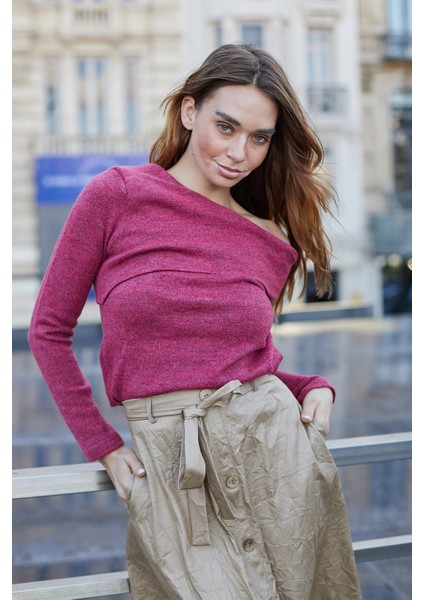 Kadın Yumuşak Dokulu Tiftik Omuzu Dekolteli Uzun Kol Hafif Esnek Triko Bluz Kazak-Vişne indirimleri